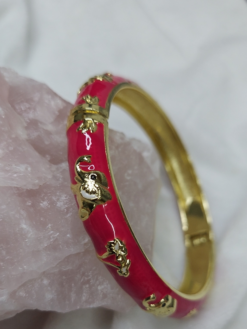 Gold-Tone Pink Enamel Floral Hinged Bangle Bracelet